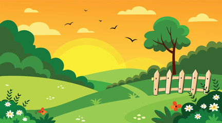 Obraz premium Sunset over green field with fence and trees