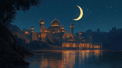 Majestic mosque at night, by a river, starry sky, crescent moon, tranquil scene