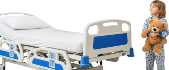 Hospital bed with white linens and a child holding a teddy bear isolate medical bed patient bed health care