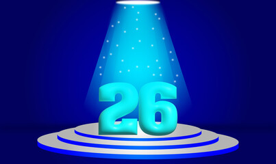 Glowing Number 26 on Futuristic Stage Podium Under Blue Spotlight – Modern Celebration Background for Anniversary, Birthday, or Special Events
