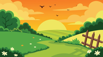 Obraz premium Countryside landscape with sunset and birds flying