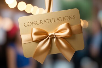 Celebrate milestones with this elegant gold congratulations card featuring a beautiful satin ribbon bow, perfect for expressing appreciation and best wishes