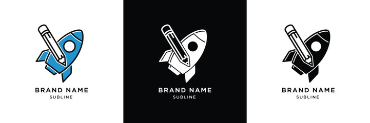Three distinct vintage rocket logos with pencil elements, ideal for branding, featuring black and white minimalist designs.