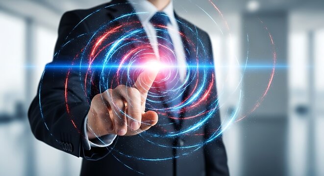 Businessman touching a glowing digital vortex of blue and red light with his finger, representing technology and data - Powered by Adobe