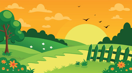 Obraz premium Sunset landscape with rolling hills and birds flying