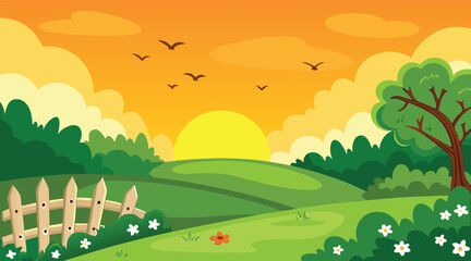Naklejka premium Sunset landscape with birds flying over green field