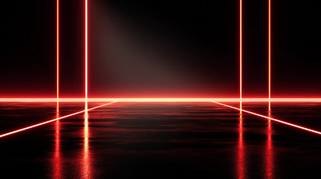 Cyberpunk Red Neon Lines Reflecting on Dark Surface with Moody Ambiance