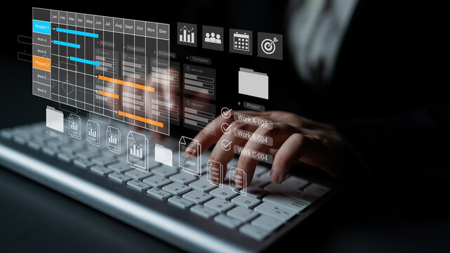 Digital visualization of multiple project timelines with progress tracking, documents, and team collaboration symbols Parse