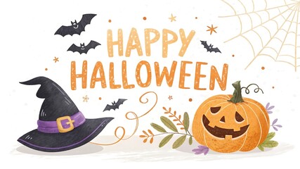 Whimsical halloween illustration with jack o lantern witch hat and bats