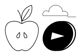 Black-and-white apple with seeds, simple cloud outline, bold play button icon. Ideal for technology, health, media, sustainability, farming nutrition education. Simple flat metaphor