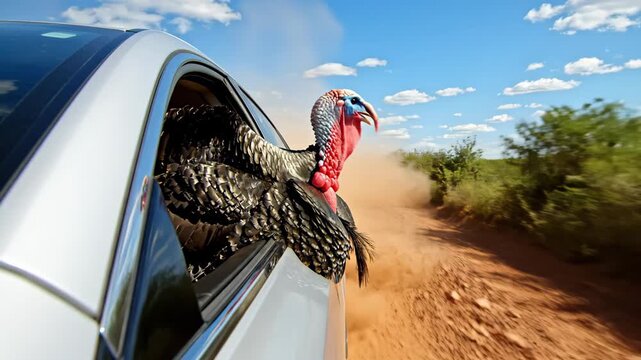 Turkey with head out car window on a sunny day, enjoying the ride on a dirt road with trees happy thanksgiving