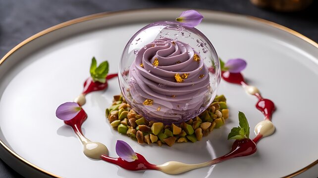 Elegant gourmet dessert creation showcasing artistic lavender mousse beauty photo
