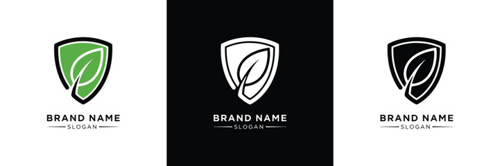 Three sleek shield logos featuring green leaf motifs, ideal for eco-friendly brand identity and corporate design.