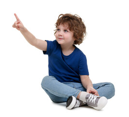 Portrait of cute little boy on white background