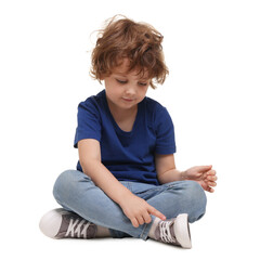 Portrait of cute little boy on white background