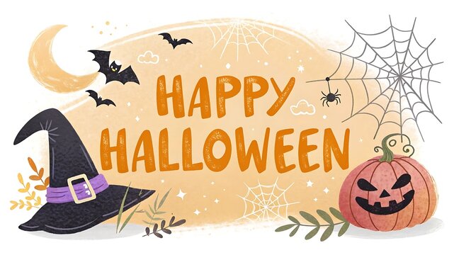 Spooky halloween celebration with jack o lantern witch hat and bats