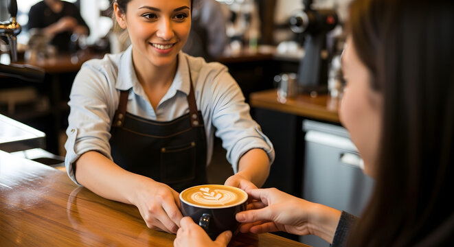 A friendly female barista with a warm smile serves a cup of freshly made cappuccino with latte art to a customer in a cafe