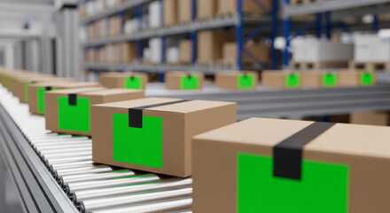 Row of cardboard boxes with green label on conveyor belt in warehouse, suggesting storage, transportation, or logistics in industrial environment