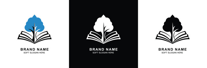 Three logo designs featuring a book and tree symbol in different color schemes, ideal for brand identity and corporate use.