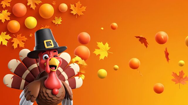 Cartoon turkey wearing pilgrim hat surrounded by autumn leaves and spheres on orange background with copy space happy thanksgiving