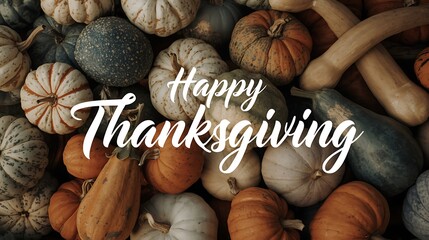 Happy thanksgiving greeting with a bounty of autumn pumpkins and gourds