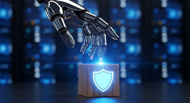 Robotic hand reaching towards a glowing shield icon on a wooden block, symbolizing cybersecurity and data protection in a digital world - Powered by Adobe