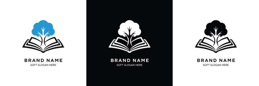 Three variations of Shandu Nari logo featuring a tree and book motif in blue, black, and white color schemes. Minimalist design.