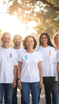 Diverse group wearing ribbons showing cancer awareness support