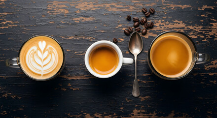 Coffee Variety Latte, Espresso, and Coffee on Dark Wood Table – A Culinary Delight