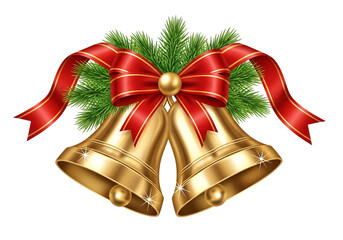 Christmas bells with red ribbon and pine branches