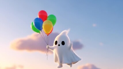 A whimsical animated ghost character joyfully floats through a serene sky, carried by a bouquet of