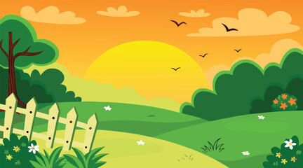 Fototapeta premium Sunset over green field with birds and fence