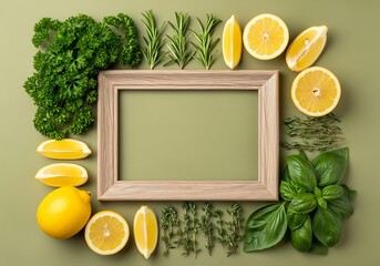 Fresh herbs and lemons arranged around a rustic wooden frame