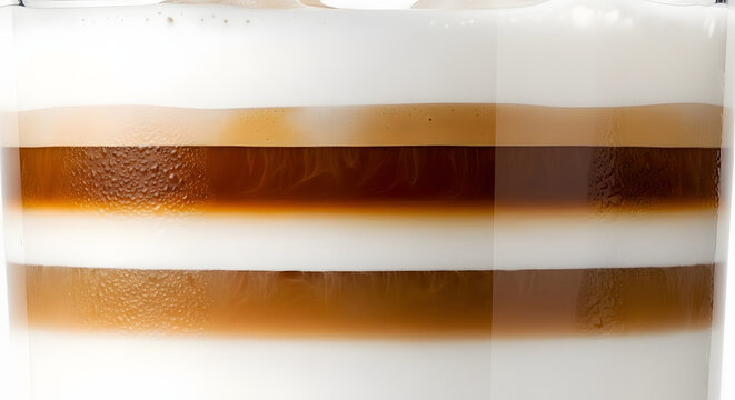 Meticulously prepared layered coffee creation, featuring rich espresso and creamy milk in perfectly defined horizontal sections within a clear glass, ideal for a delightful break