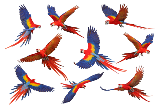 Collage of nine macaw parrots isolated on transparent background png file