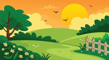 Obraz premium Sunset landscape with rolling hills and birds flying