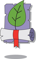 Colorful old parchment scroll and green leaf