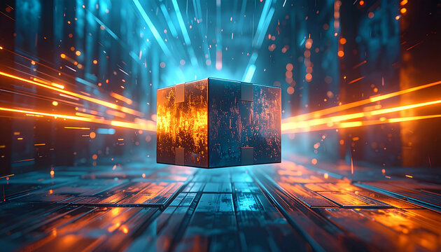 Quantum Cube: Abstract digital artwork featuring an illuminated cube at the center, surrounded by dynamic streams of light and a high-tech environment.