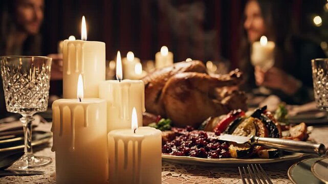 Festive thanksgiving dinner table setting with roasted turkey, candles, and elegant crystal glasses for a warm and inviting holiday celebration happy thanksgiving - Powered by Adobe