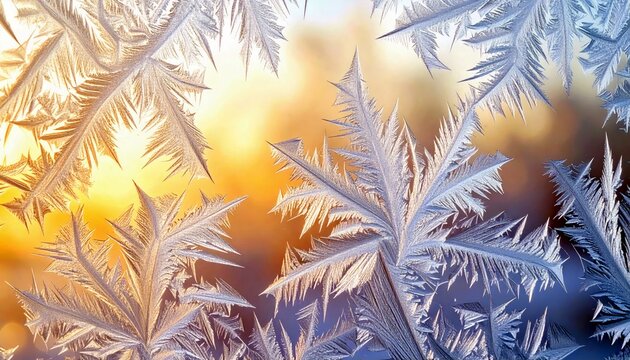 Intricate ice crystals form fern-like patterns on a window, illuminated by the warm glow of the sun.