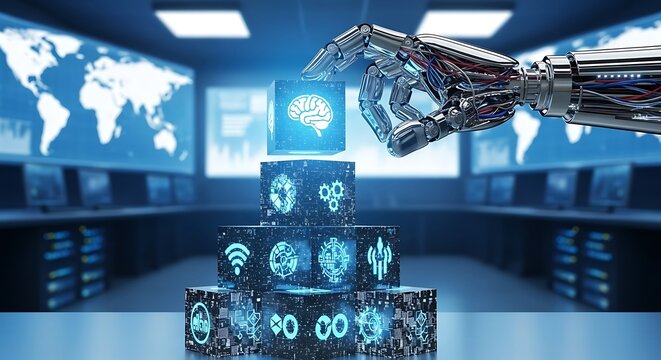 Robotic hand stacking glowing cubes with icons representing artificial intelligence and technology in a futuristic control room
