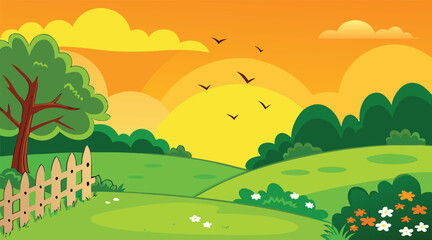 Sunset landscape with birds flying over green field