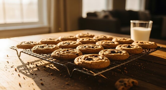 Delicious chocolate chip cookies with glass of milk lifestyle - Powered by Adobe