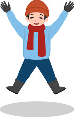 Cute boy jumping in the snow during winter. Child in warm clothes enjoying fun outdoor activity. Perfect for seasonal and holiday designs.