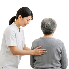 Caregiver Supporting Elderly Person – Gentle, Trusting Moment of Stability and Compassionate Care on White Background

