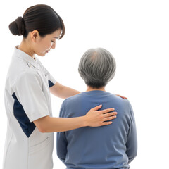 Caregiver Supporting Elderly Person – Gentle, Trusting Moment of Stability and Compassionate Care on White Background

