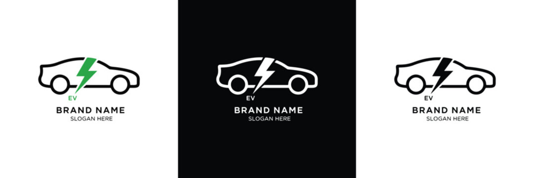 Three electric car logos featuring lightning bolt symbols, each with unique design elements, set against a dark background.