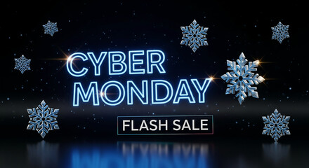 Glowing Cyber Monday text and Flash Sale text on dark reflective surface with snowflake shapes, representing promotional events, deals, and retail season