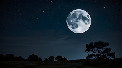Fototapeta premium Full Moon Rising Over Silhouetted Trees in Dark Night Sky