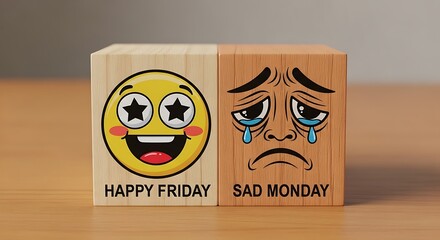 Two wooden blocks showing contrasting emotions a happy emoji face labeled happy friday and a sad crying face labeled sad monday